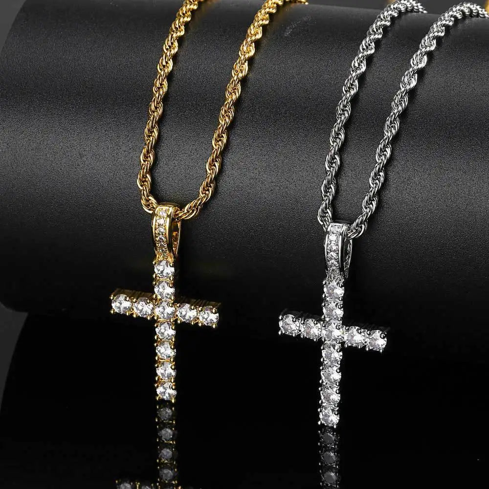 Unisex Gold Iced-Out Hip Hop Cross Pendant Necklace – Statement Chain