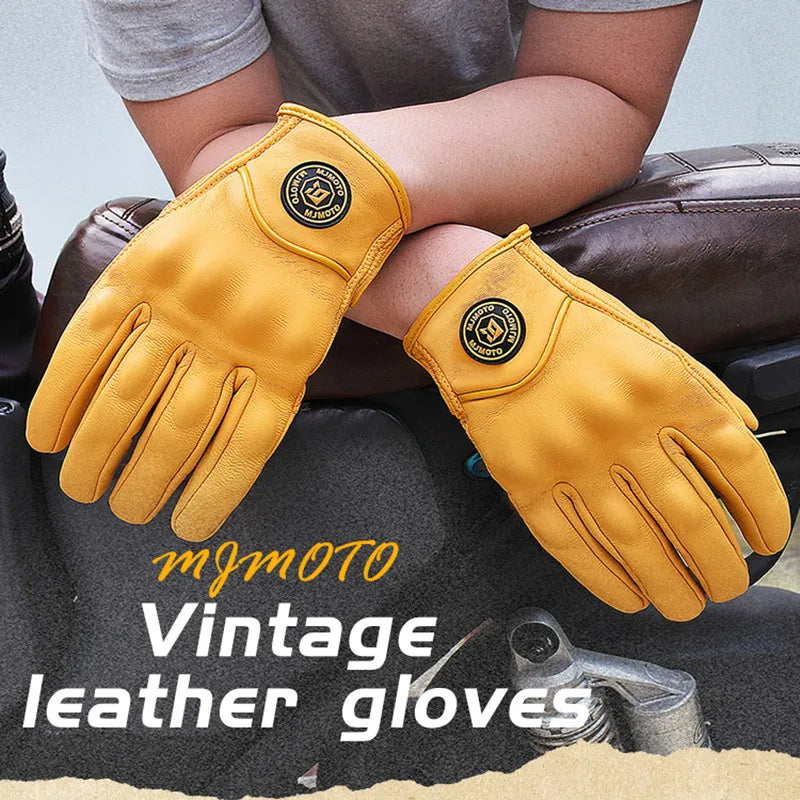 Retro Yellow Leather Motorcycle Gloves for Men & Women