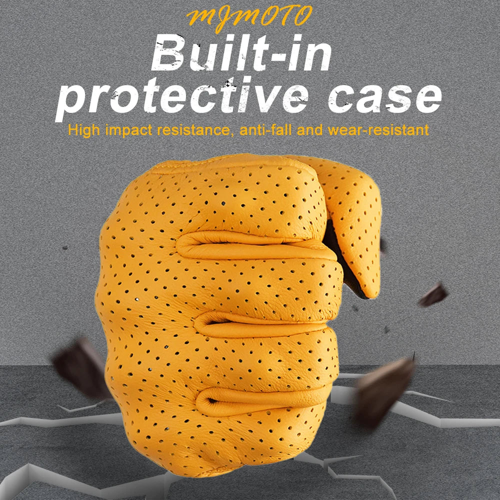 Retro Yellow Leather Motorcycle Gloves for Men & Women