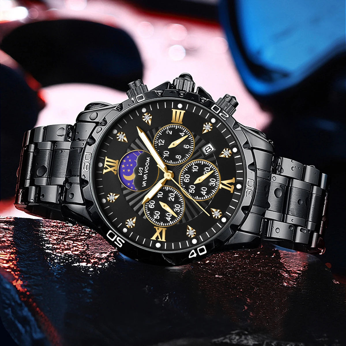 43mm Stainless Steel Men’s Quartz Watch – Diamond Night Glow