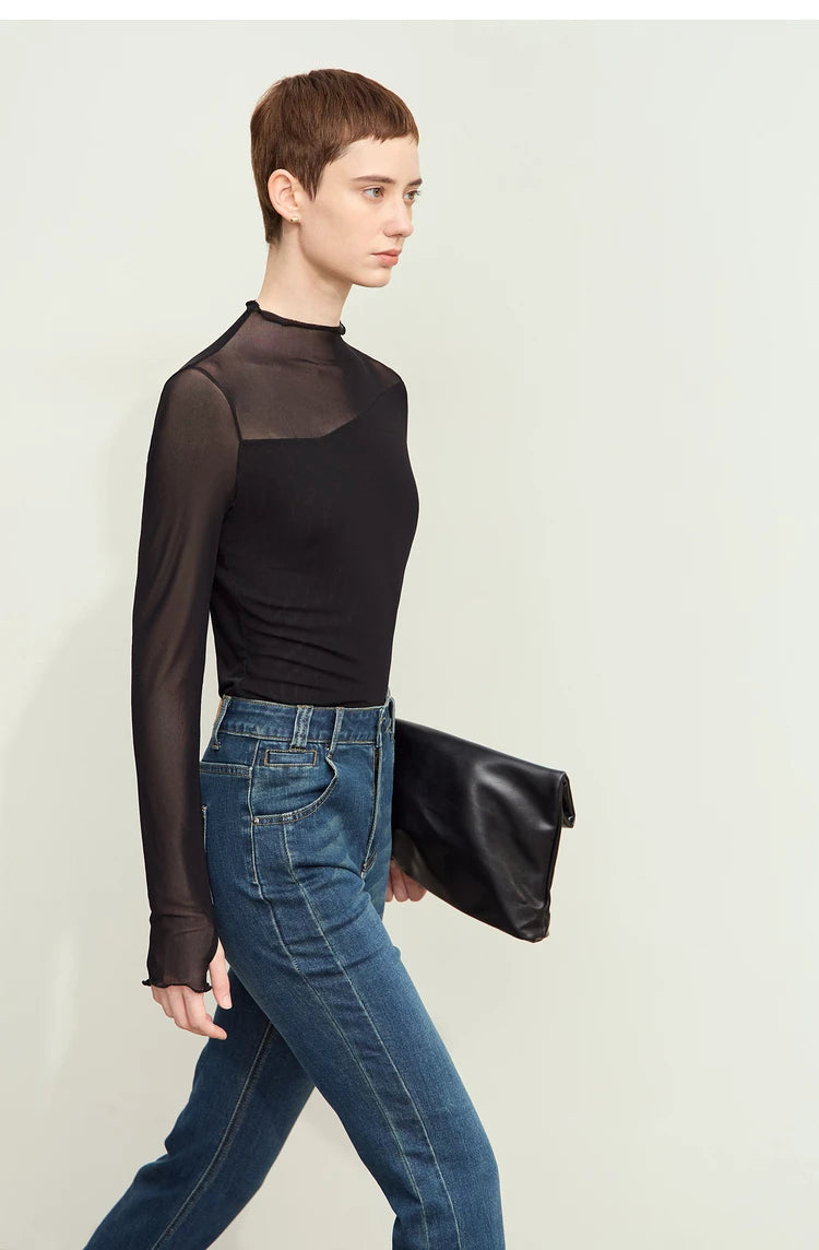 Women’s Mesh Half-High Neck Slim T-Shirt – Retro Office Spring Top