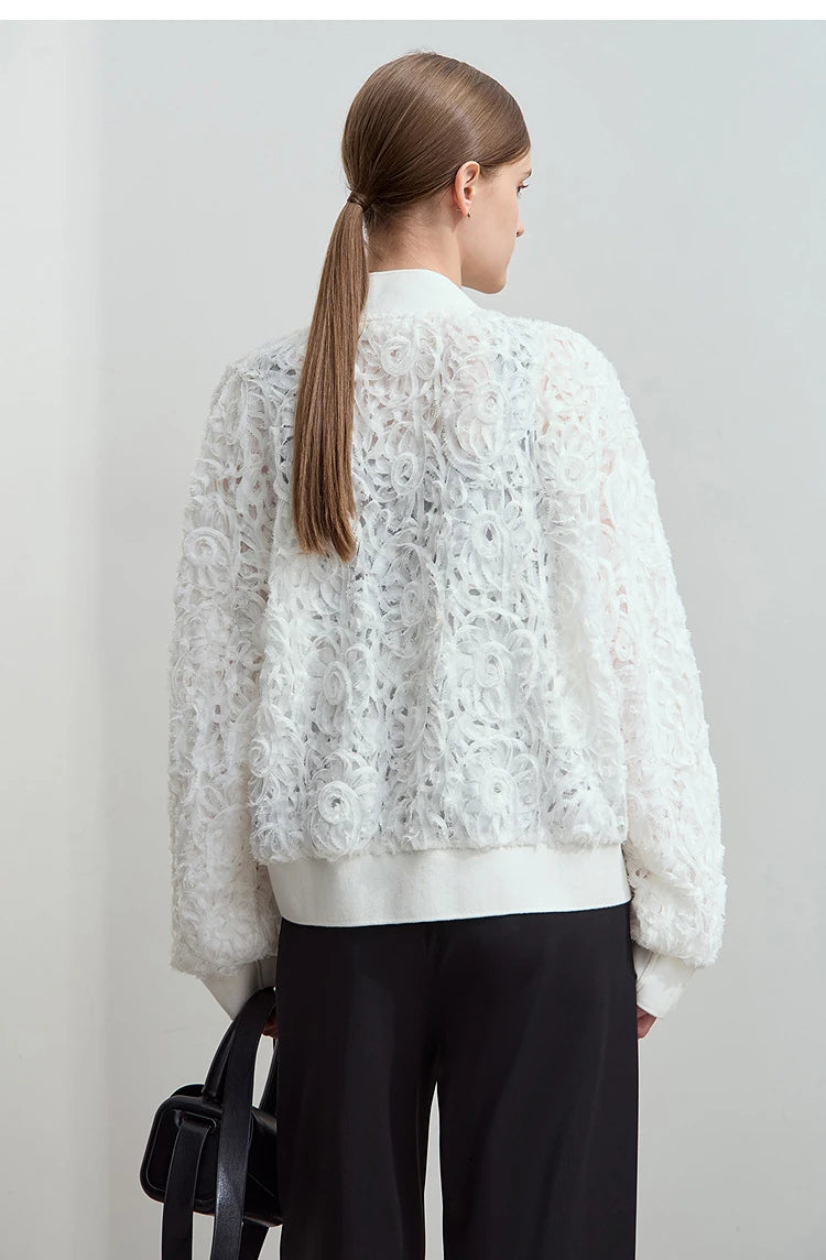 Women’s V-Neck Zipper Jacket – Hollow Flower Loose Casual Top