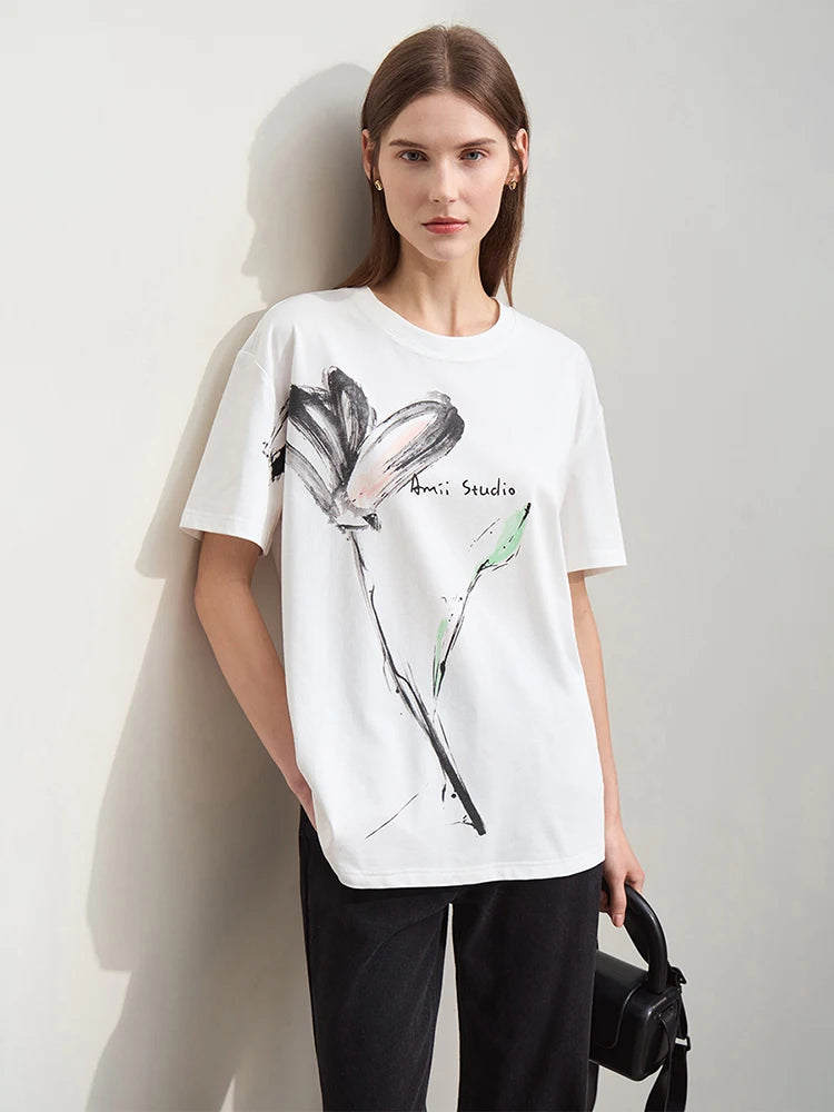 Women’s Summer Ink Art Print T-Shirt – Loose O-Neck Cotton Tee