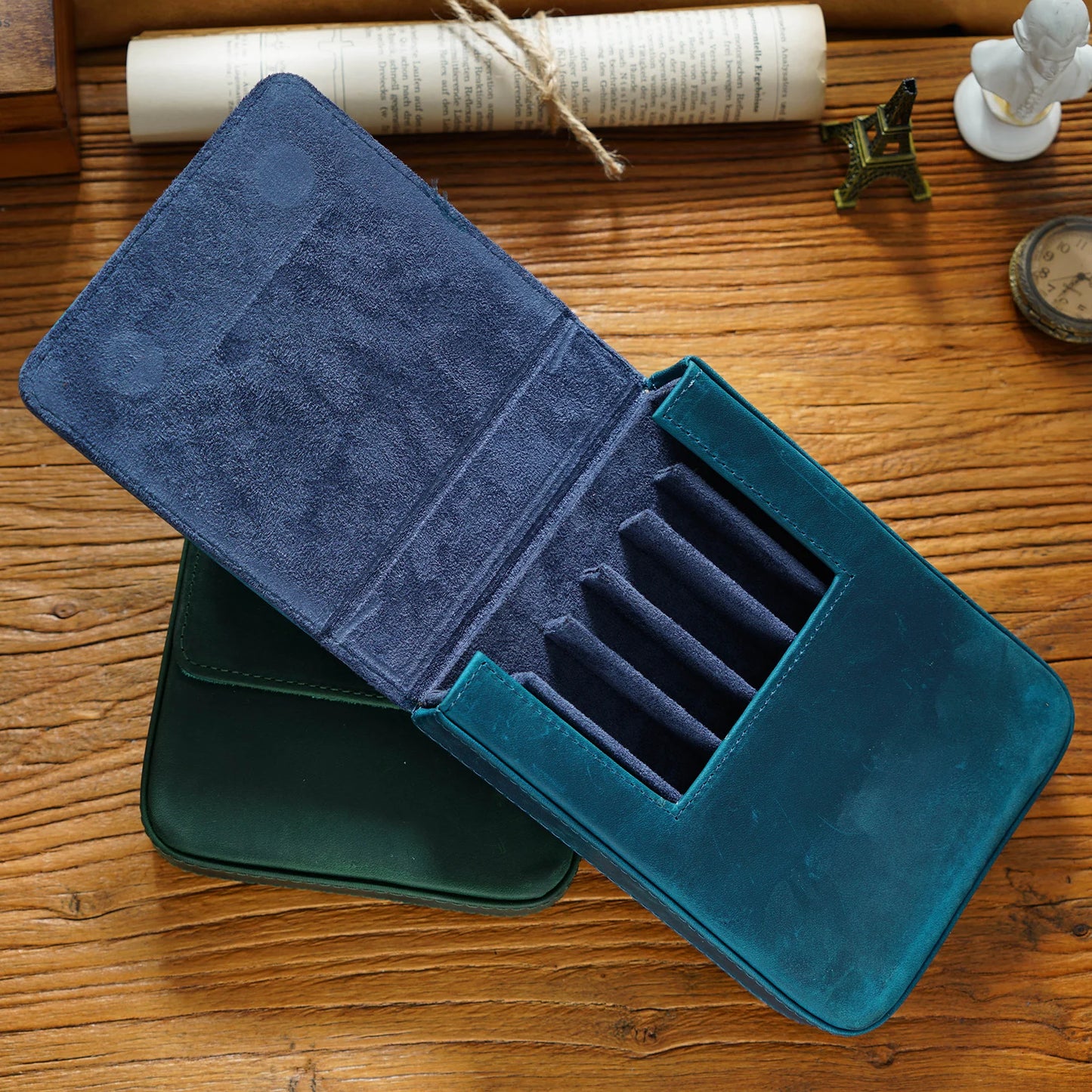 Vintage Genuine Leather Pen Pouch – 6-Slot Removable Tray Case