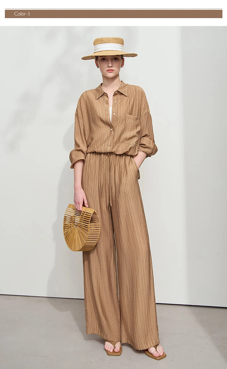 Women’s Casual Shirt & Wide Leg Pants – Spring Basic Separate Set