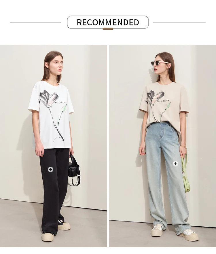 Women’s Summer Ink Art Print T-Shirt – Loose O-Neck Cotton Tee