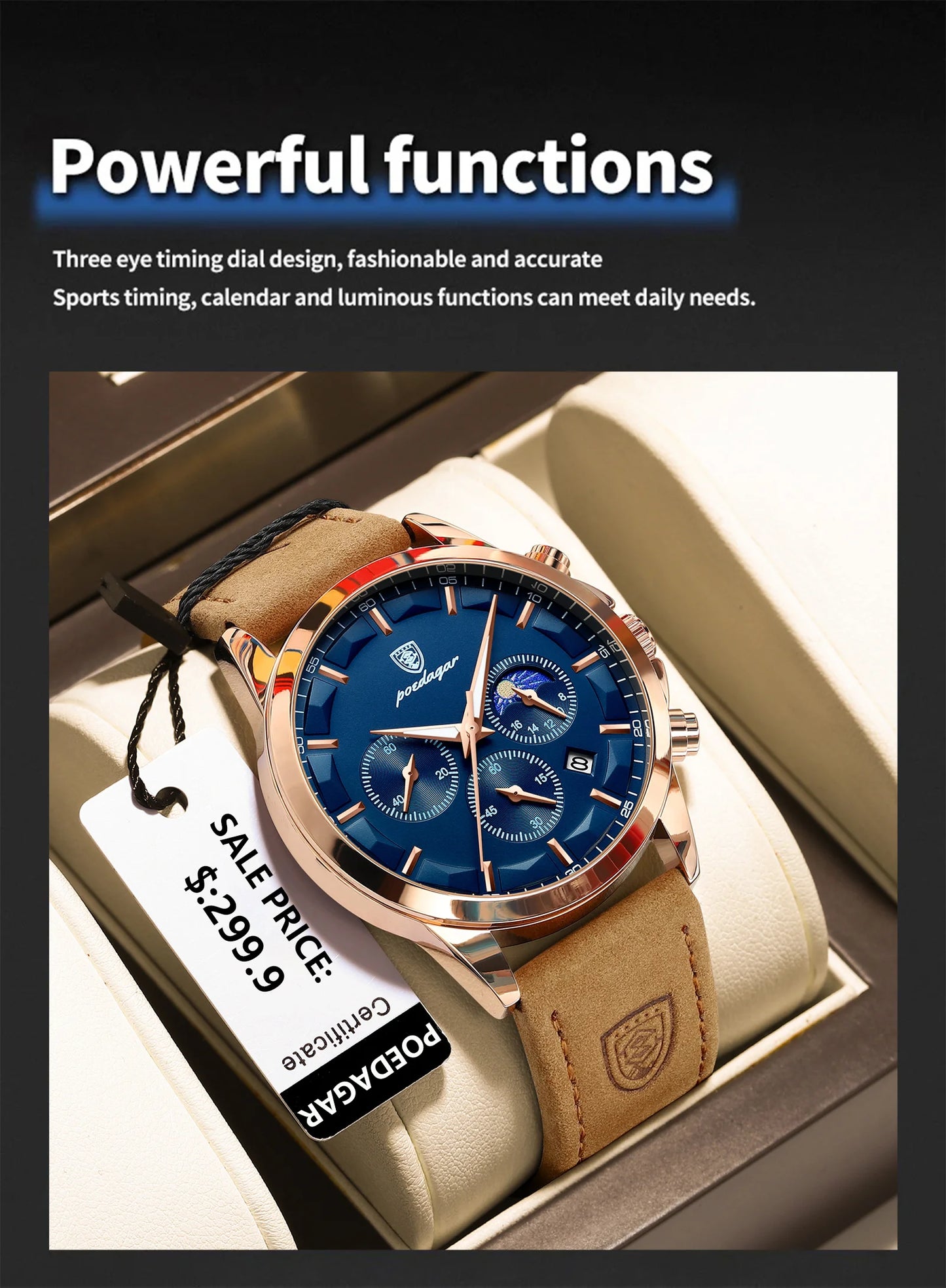 POEDAGAR Men's Luxury Quartz Chronograph Waterproof Watch