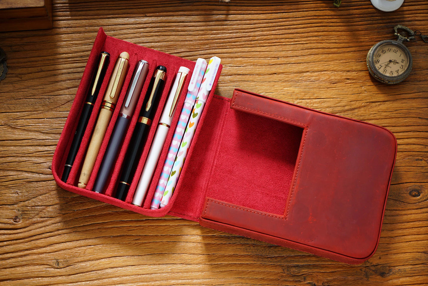 Vintage Genuine Leather Pen Pouch – 6-Slot Removable Tray Case