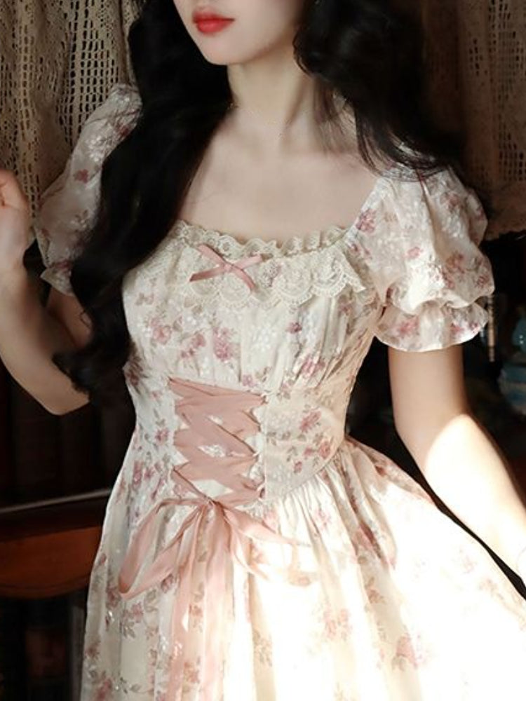 Women’s Summer Lace Fairy Dress – Square Collar Floral Princess Dress