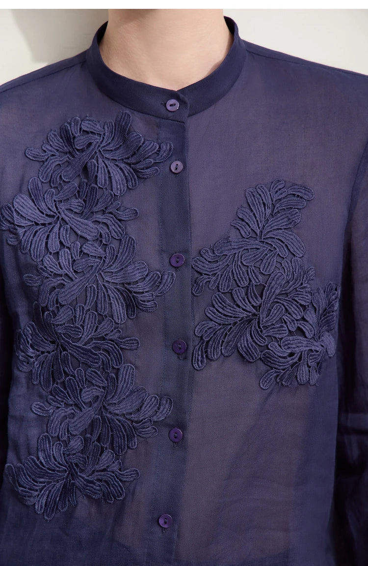 Women’s Autumn Stand Collar Lace Shirt – Elegant Shell Button Blouse