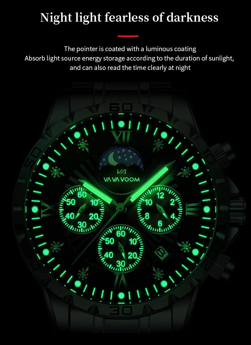 43mm Stainless Steel Men’s Quartz Watch – Diamond Night Glow
