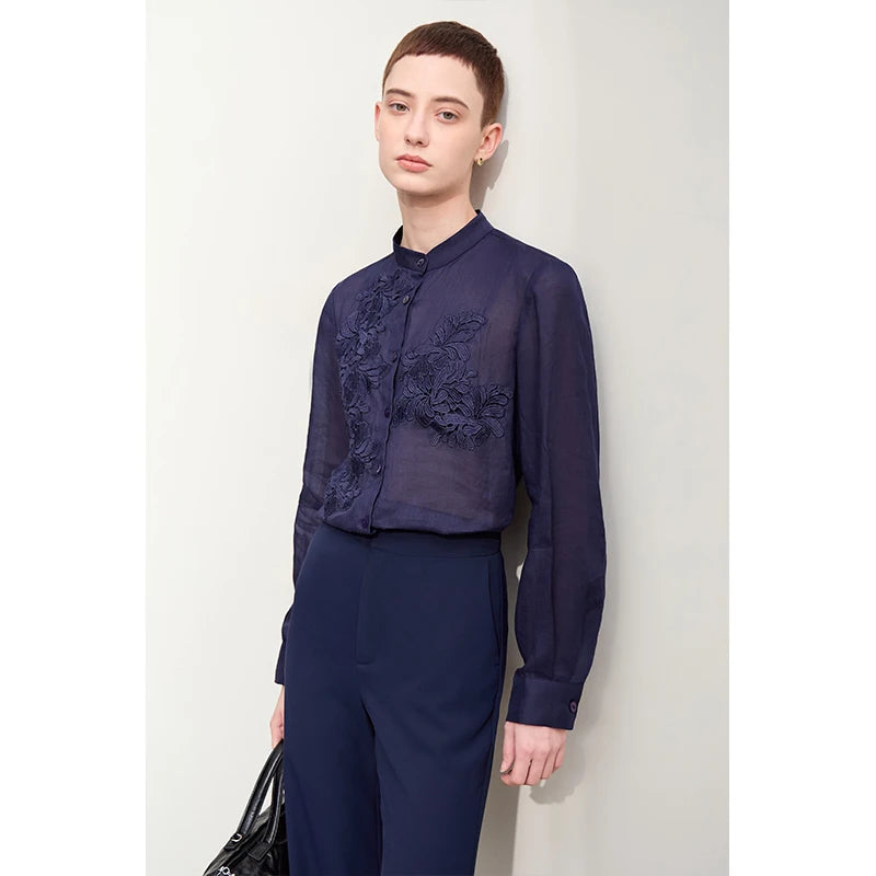 Women’s Autumn Stand Collar Lace Shirt – Elegant Shell Button Blouse