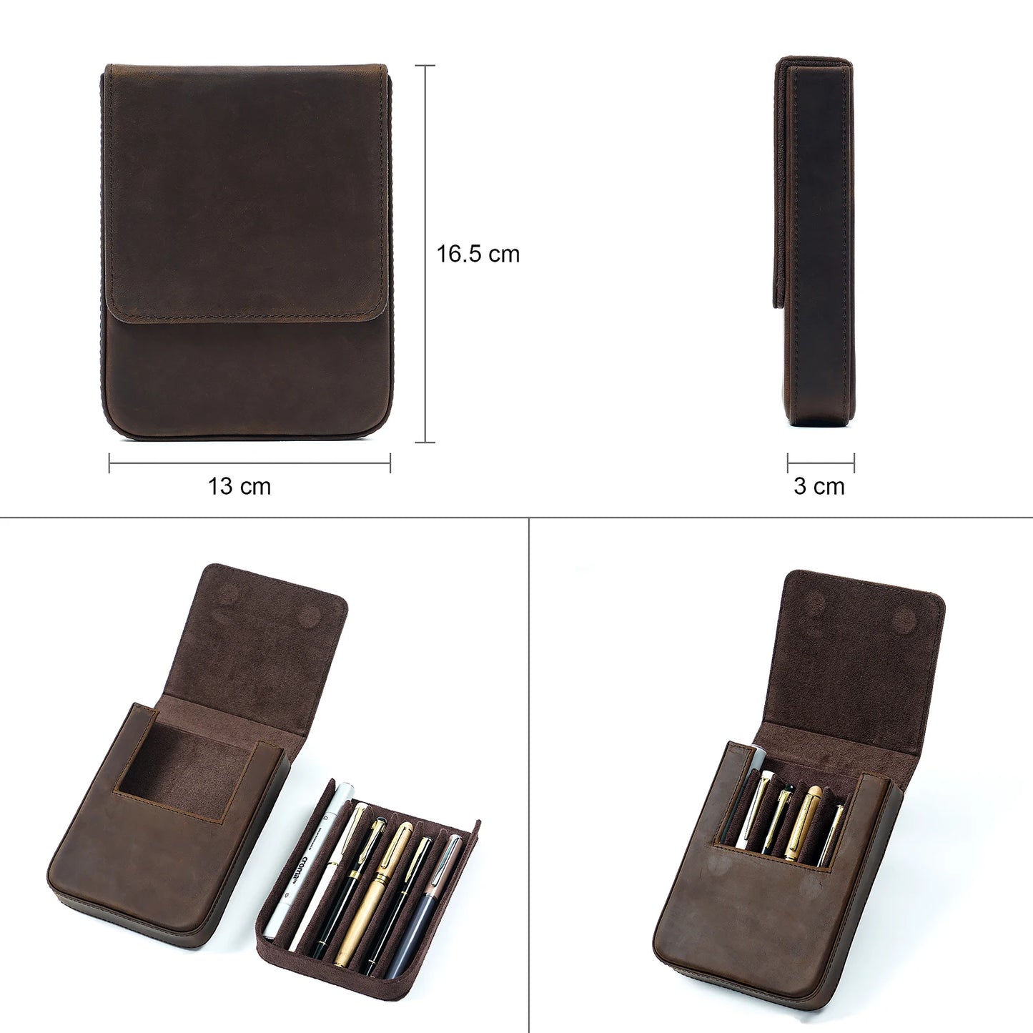 Vintage Genuine Leather Pen Pouch – 6-Slot Removable Tray Case