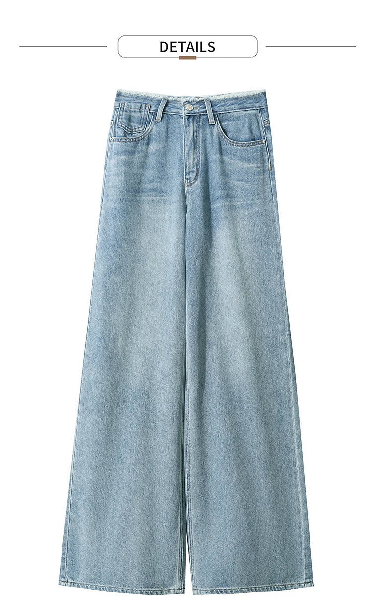 Women’s Blue Wide Leg Denim Jeans – Low Waist Loose Casual Trousers