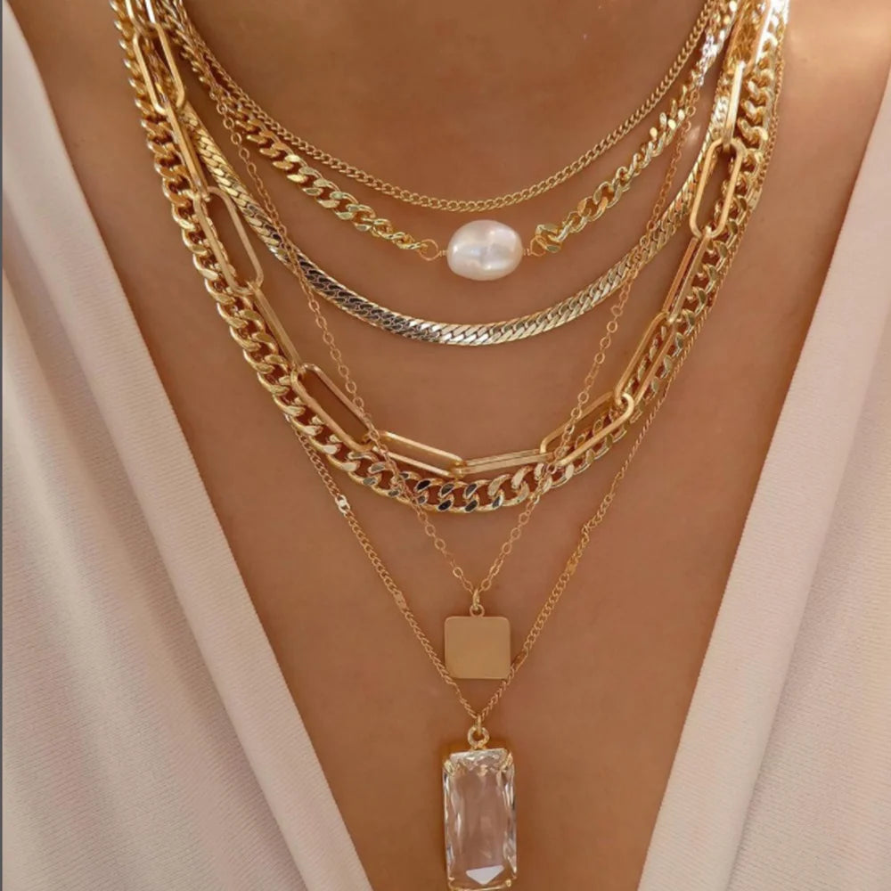 Layered Gold Tone Necklace Set – 5pcs Braided & Beaded Chains