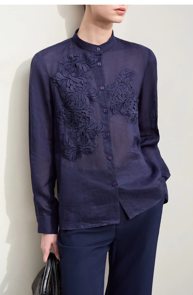 Women’s Autumn Stand Collar Lace Shirt – Elegant Shell Button Blouse