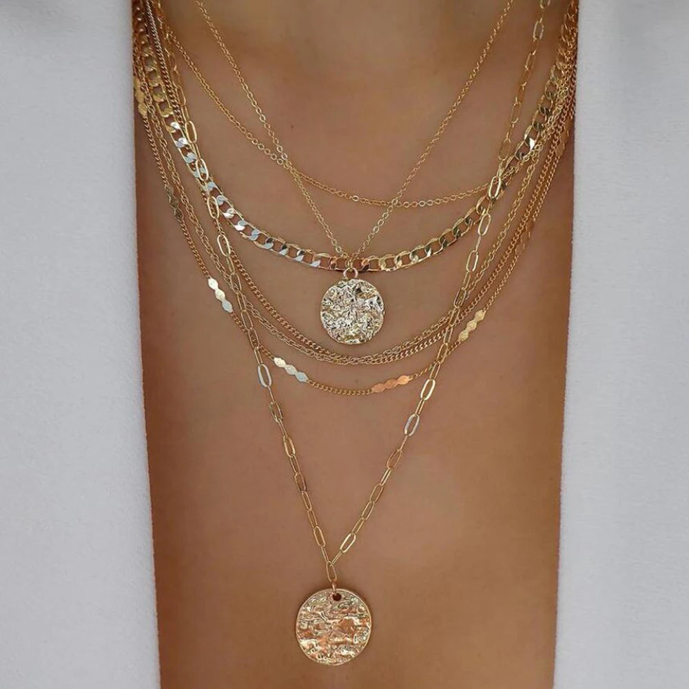 Layered Gold Tone Necklace Set – 5pcs Braided & Beaded Chains