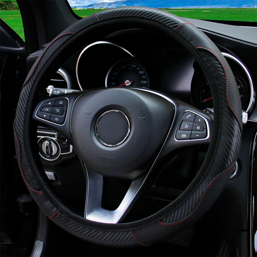 PU Carbon Fiber Leather Steering Wheel Cover 14.5–15 Inch Car Accessory