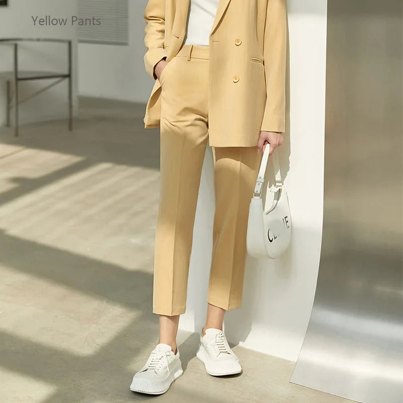 Women’s Office Blazer Set – Lace V-Neck Top & High Waist Pants