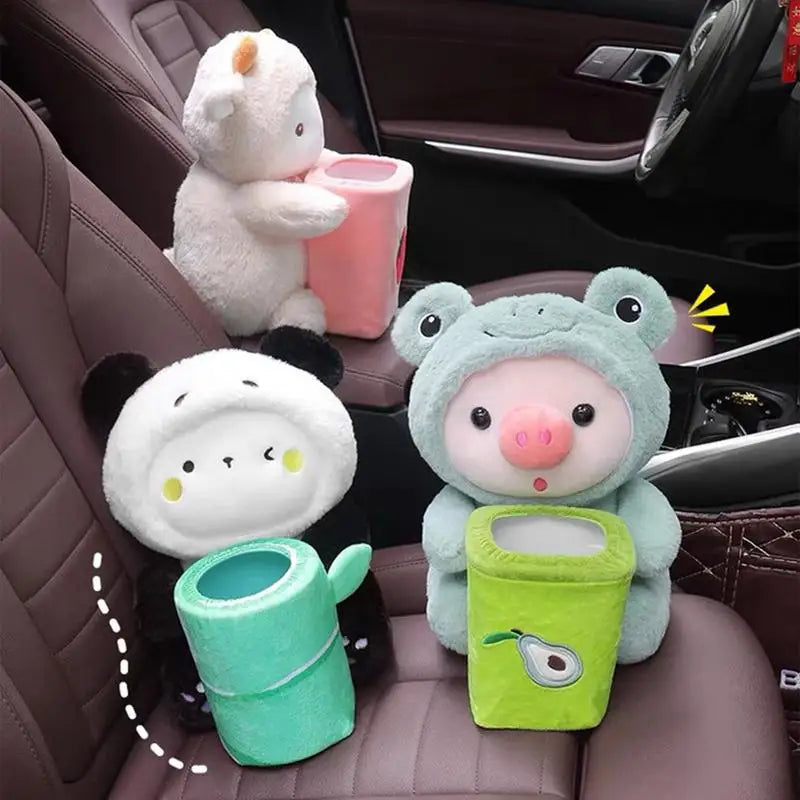 Cute Plush Animal Car Tissue Box & Trash Can Storage Organizer