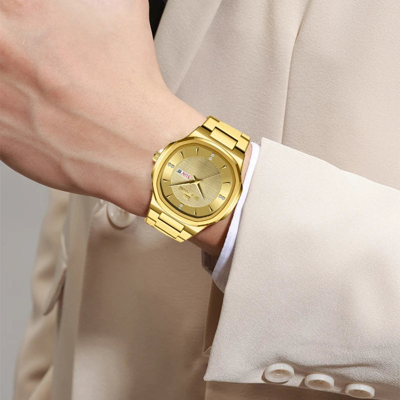Luxury Diamond Men’s Watch – Stainless Steel Dual Date & Week Display