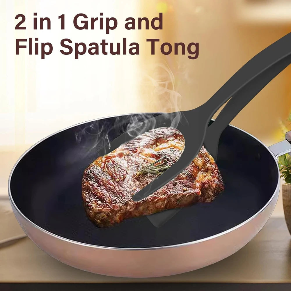2-in-1 Grip Flip Spatula Tongs - Nylon Non-Stick Egg Flipper for Pancakes, Fish