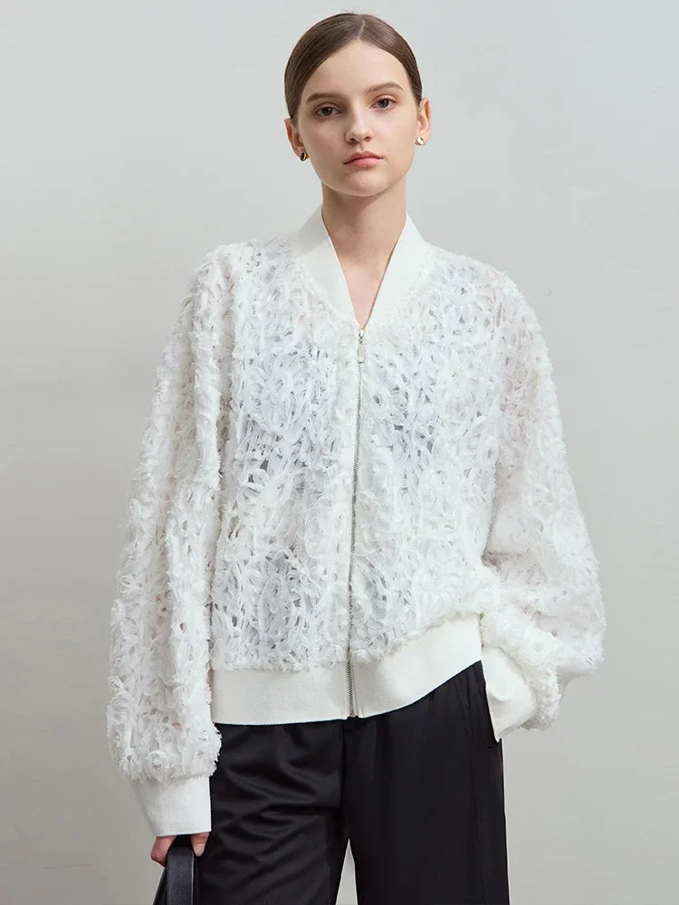 Women’s V-Neck Zipper Jacket – Hollow Flower Loose Casual Top