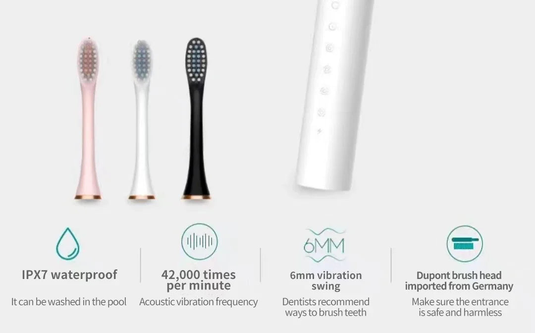Sonic Electric Toothbrush for Adults | 3 DuPont Heads, USB Rechargeable, IPX7 Waterproof