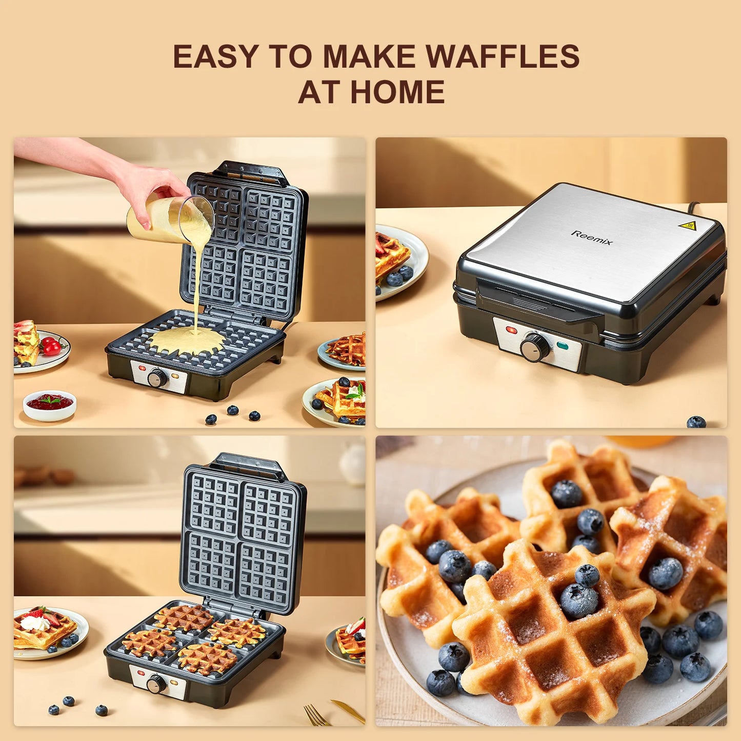 4-Slice Belgian Waffle Maker with Nonstick Plates – 1200W Compact