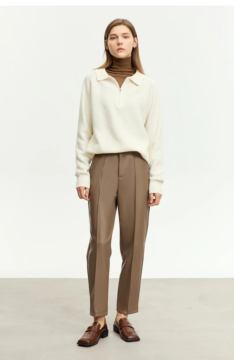 Women’s PU Leather Casual Pants – Loose Straight Floor-Length Trousers