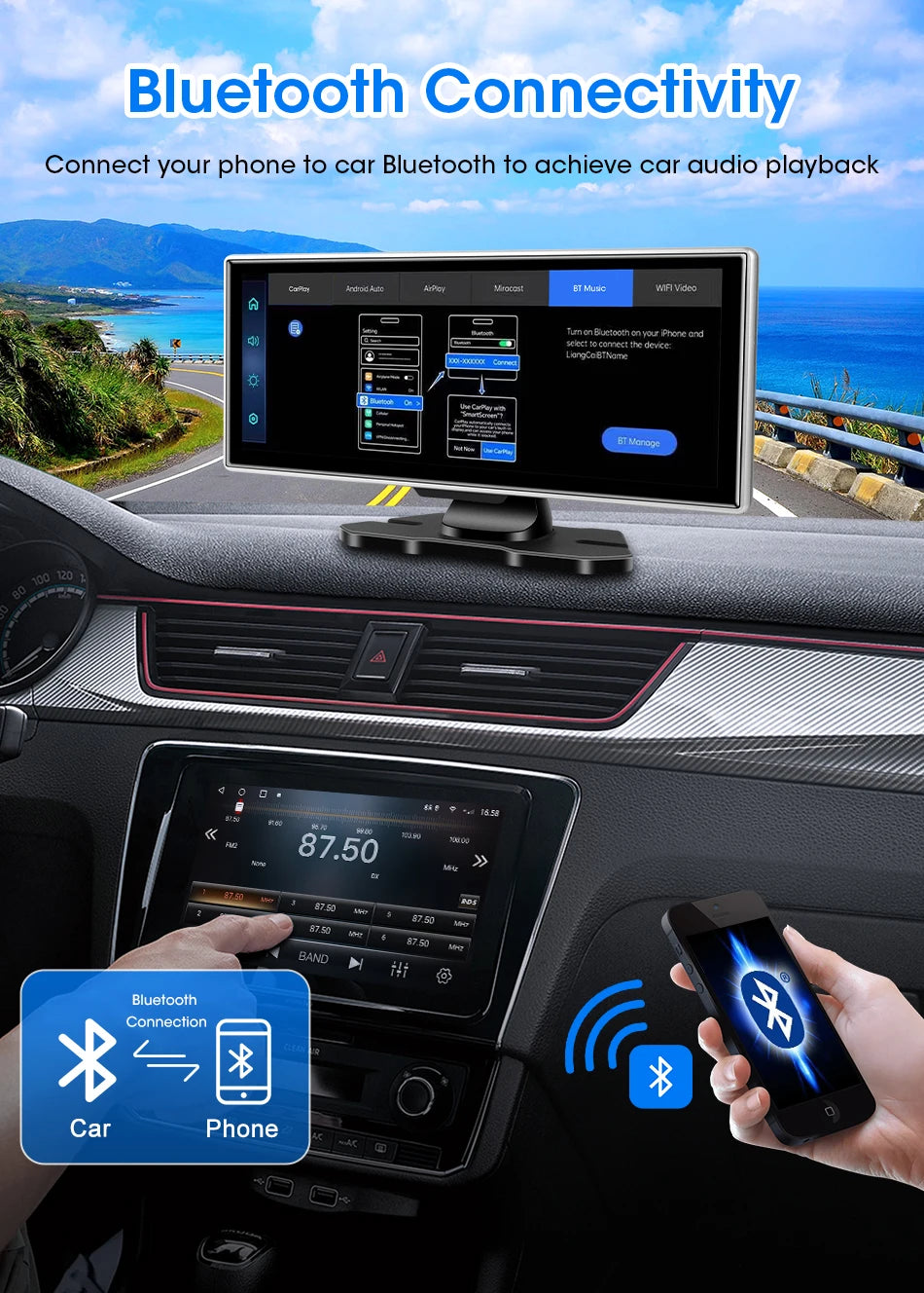 4K Dual Lens Car DVR Dash Cam with CarPlay, Android Auto, GPS, WiFi