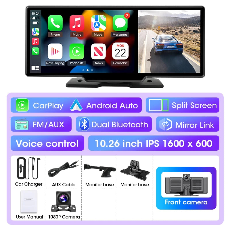 4K Dual Lens Car DVR Dash Cam with CarPlay, Android Auto, GPS, WiFi