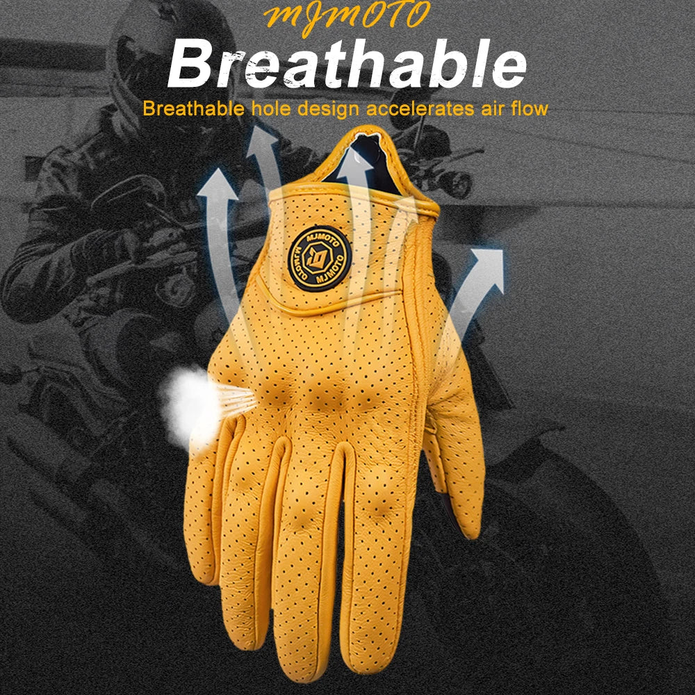Retro Yellow Leather Motorcycle Gloves for Men & Women