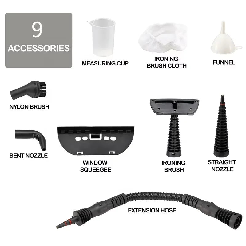 Portable Handheld Steam Cleaner – 9-Piece Pressurized Steamer for Home & Car