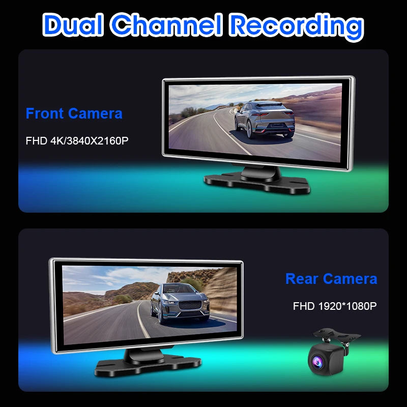 4K Dual Lens Car DVR Dash Cam with CarPlay, Android Auto, GPS, WiFi