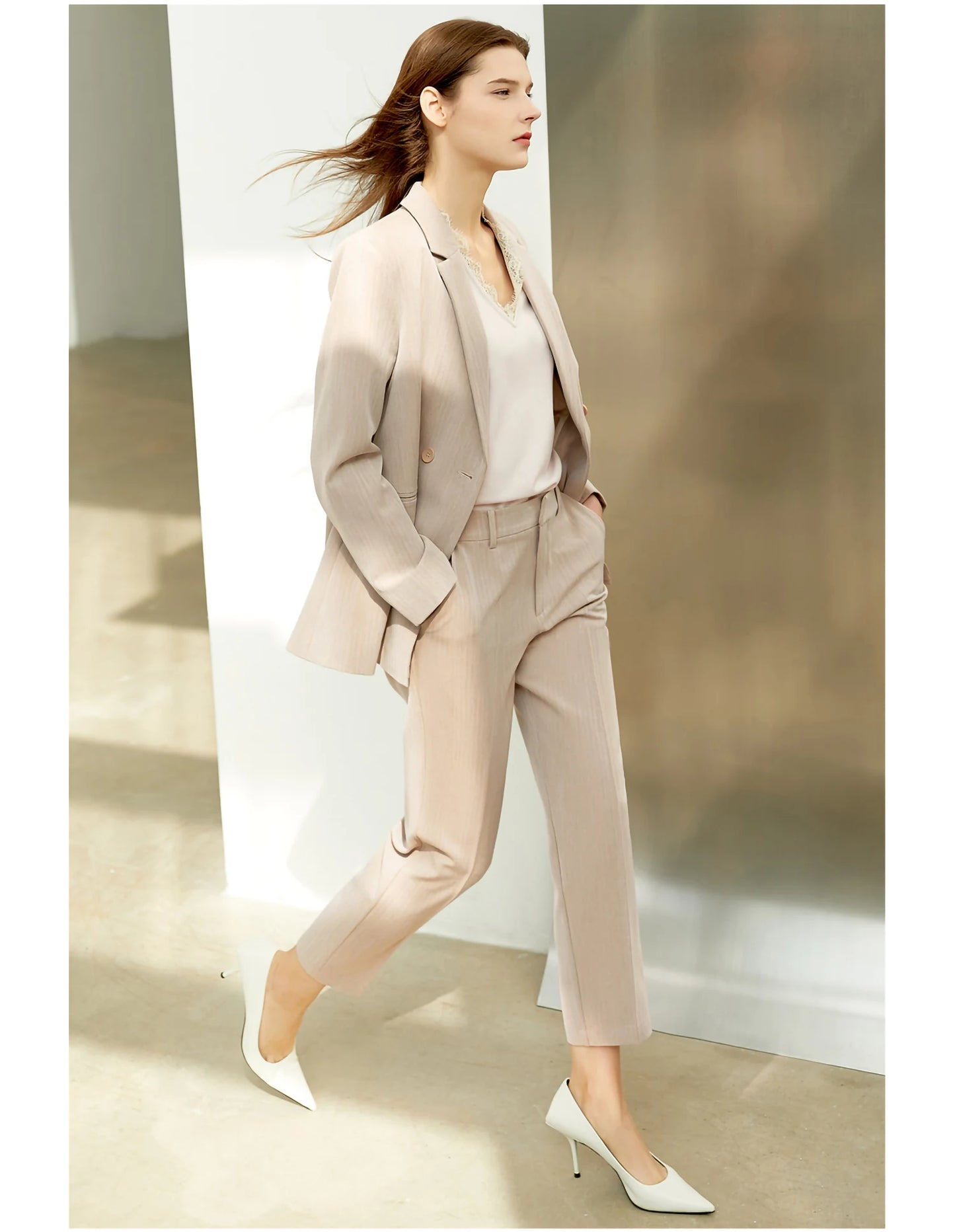 Women’s Office Blazer Set – Lace V-Neck Top & High Waist Pants