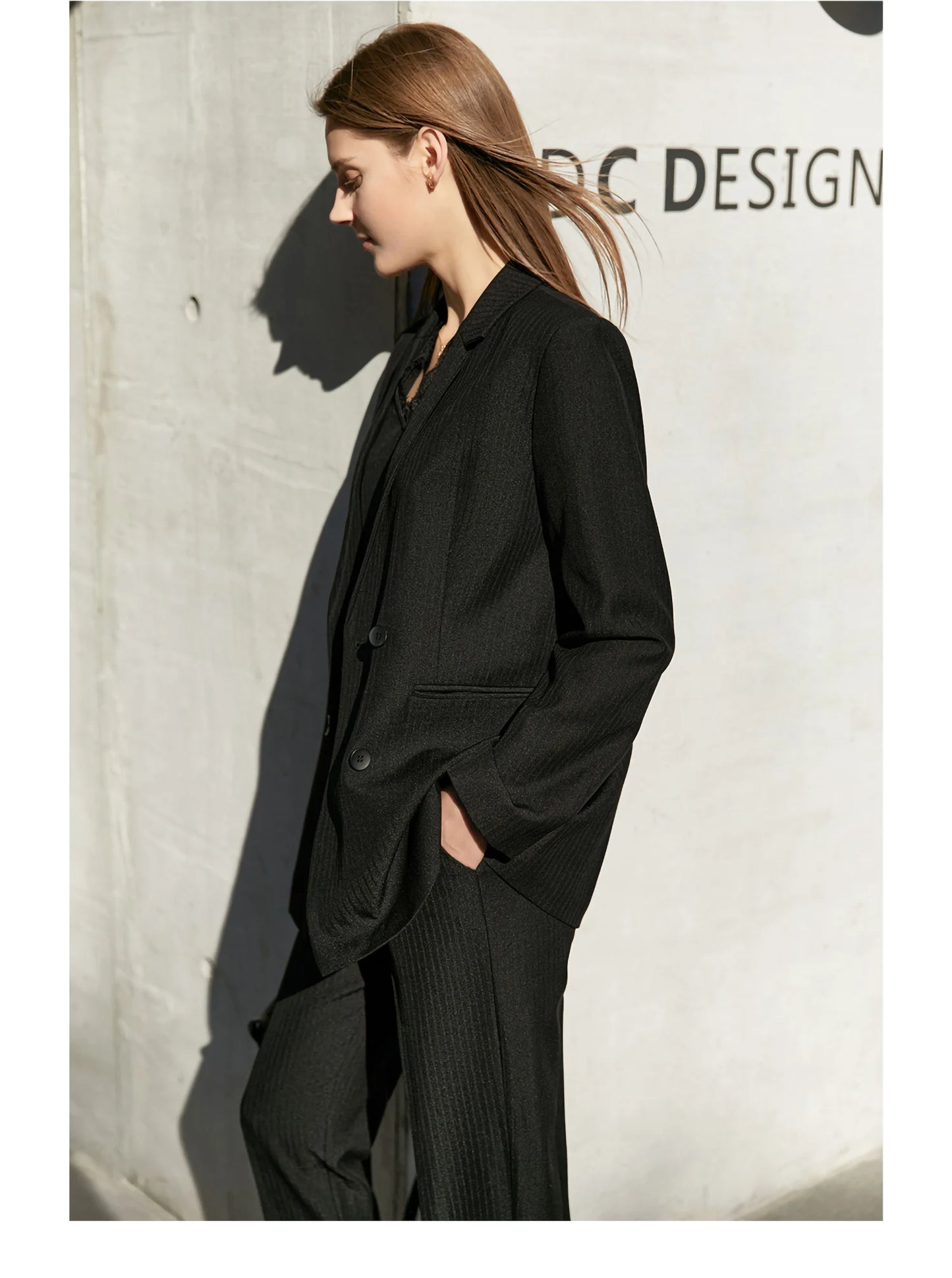 Women’s Office Blazer Set – Lace V-Neck Top & High Waist Pants