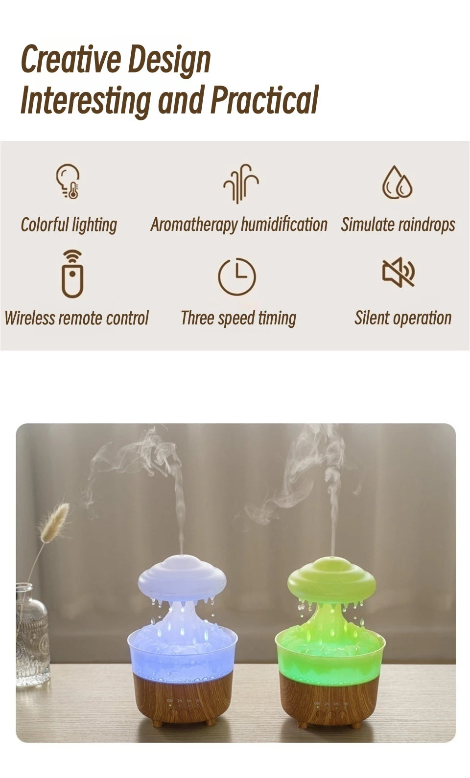 Rain Drip Mushroom Humidifier with 7 Color LED Aroma Diffuser