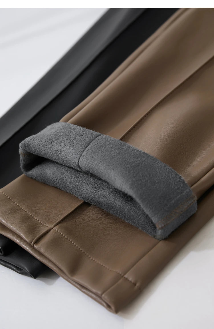 Women’s PU Leather Casual Pants – Loose Straight Floor-Length Trousers