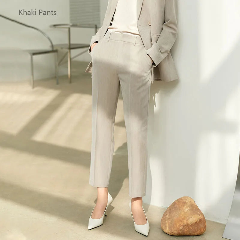 Women’s Office Blazer Set – Lace V-Neck Top & High Waist Pants