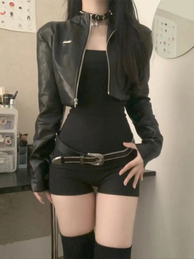 Women’s Y2K Vintage Two-Piece Set – Leather Top & High Waist Jumpsuit