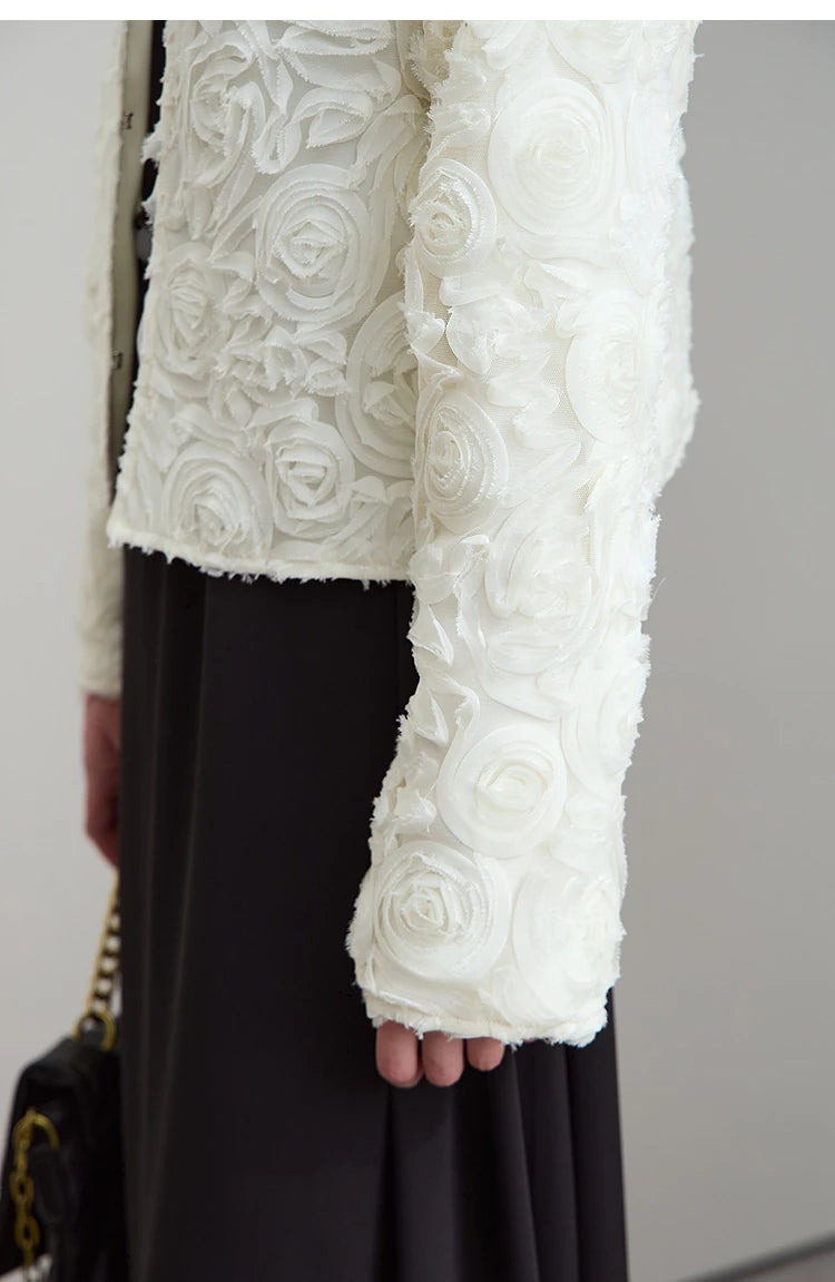 Women’s Elegant Short Jacket – Romantic Flower O-Neck Hook Button Coat