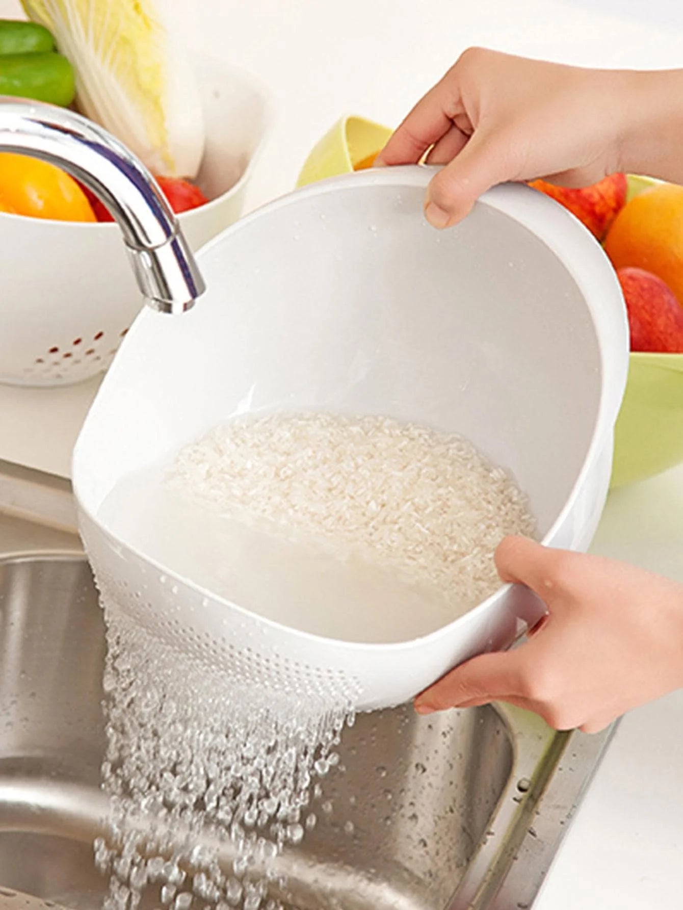 Multi-Use Rice Washing Colander Bowl with Handle – Kitchen Organizer