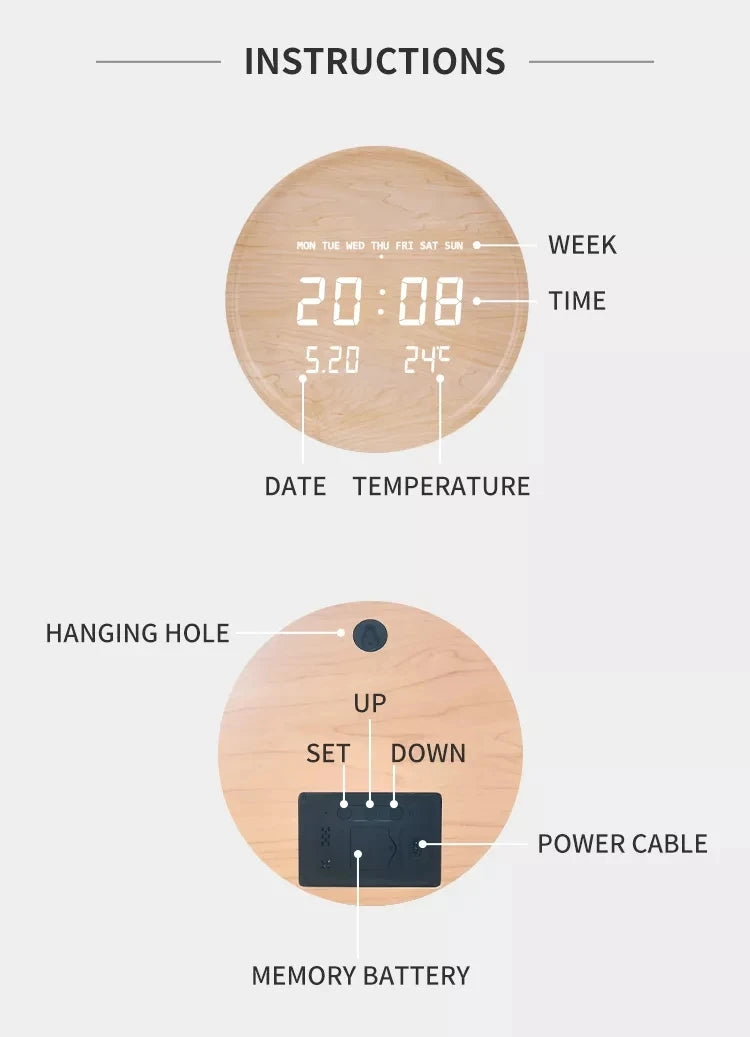 Round Wooden LED Digital Wall Clock – Silent & Modern Display