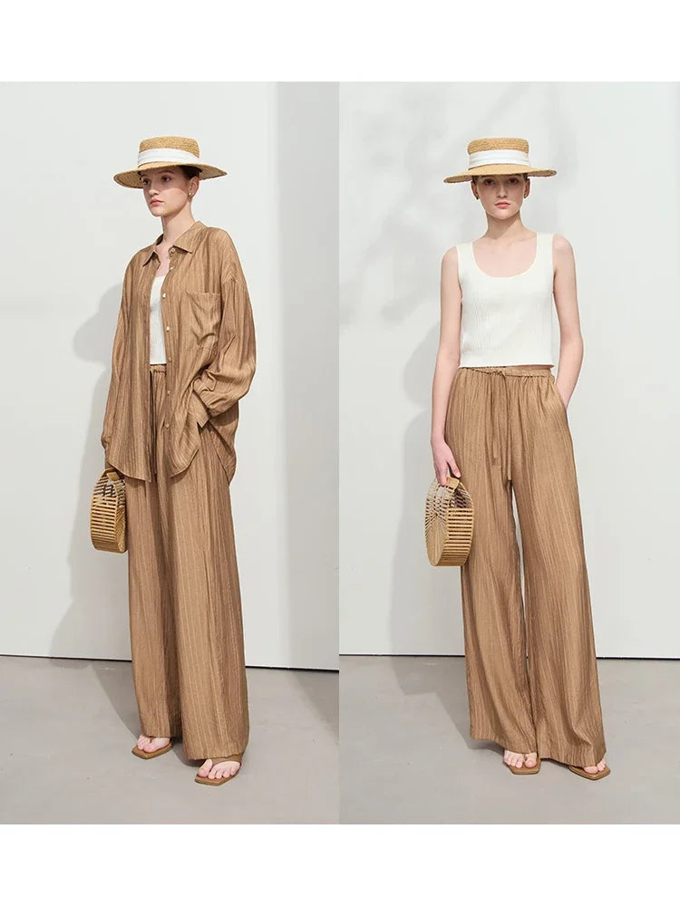 Women’s Casual Shirt & Wide Leg Pants – Spring Basic Separate Set