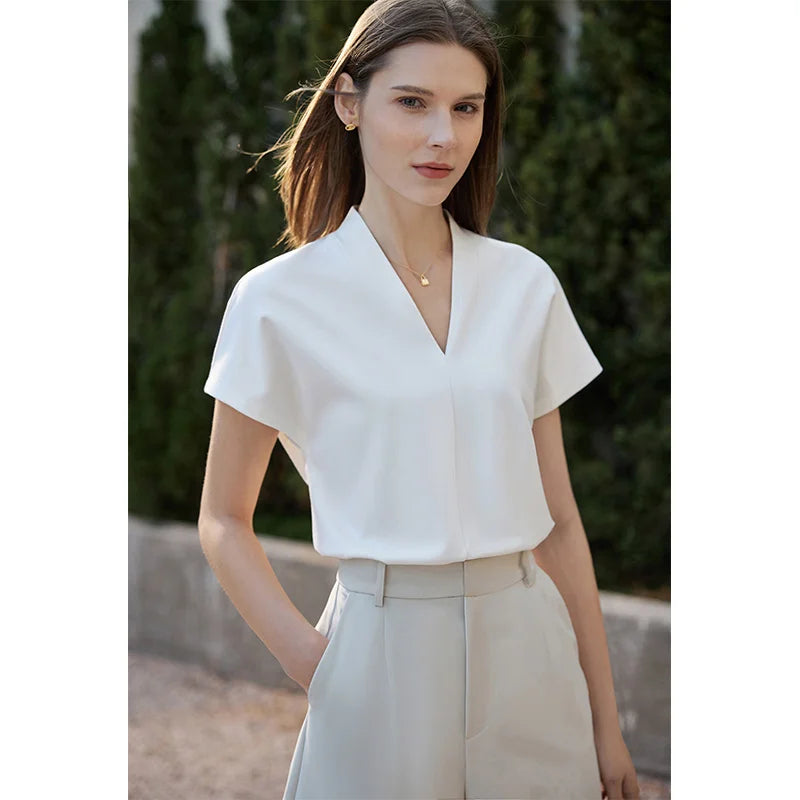 Women’s Classic V-Neck Short Sleeve T-Shirt – Casual Solid Stretch Top