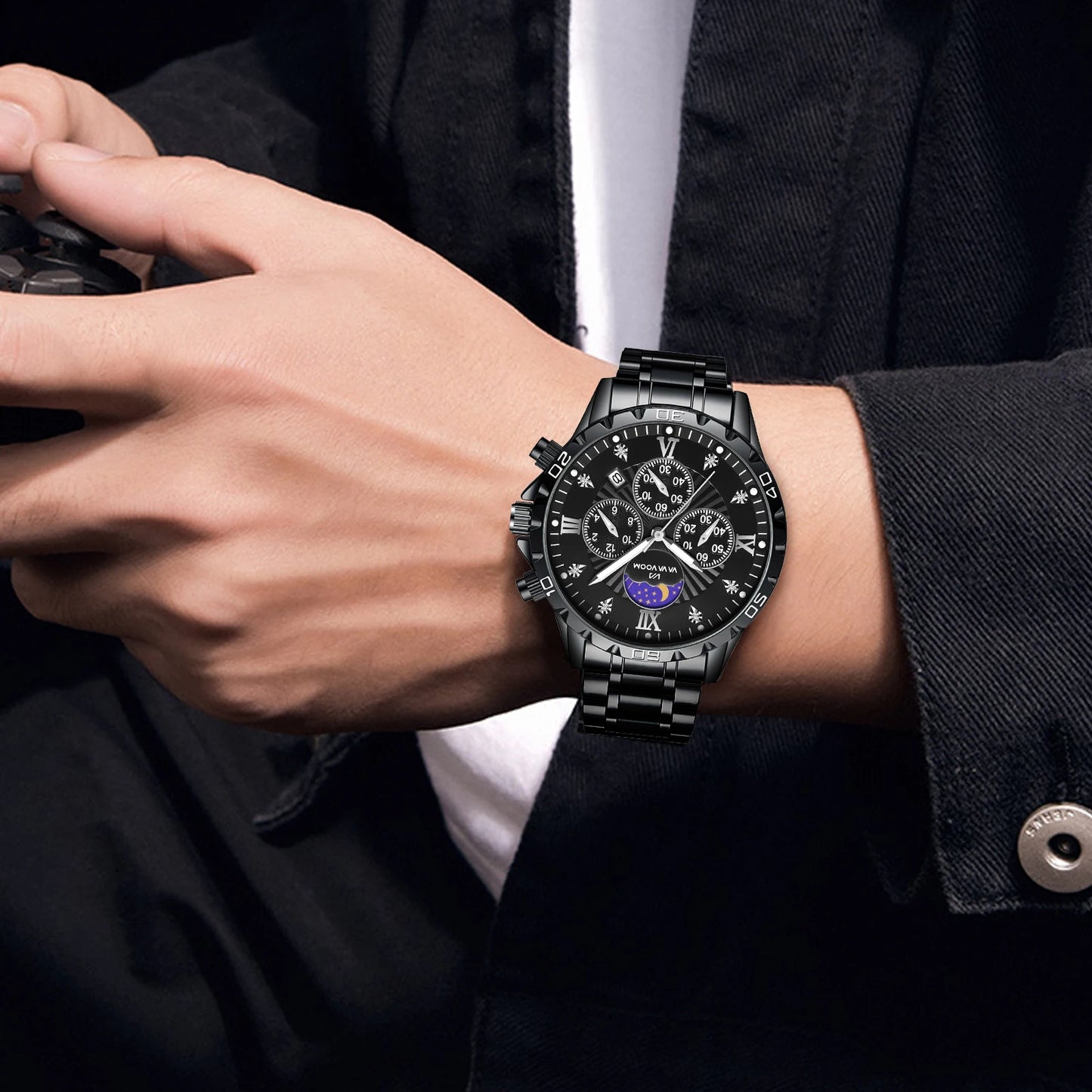 43mm Stainless Steel Men’s Quartz Watch – Diamond Night Glow