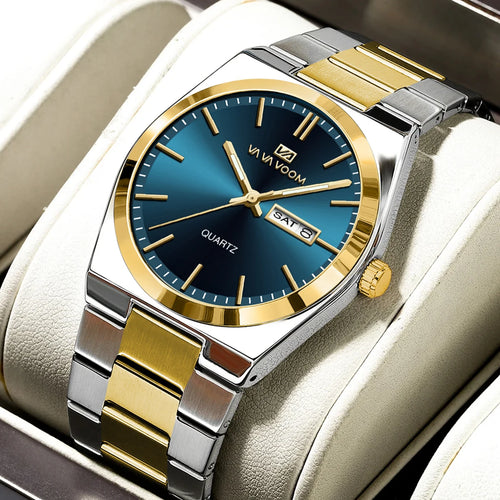 Men’s Stainless Steel 40mm Quartz Watch – Double Calendar & Waterproof