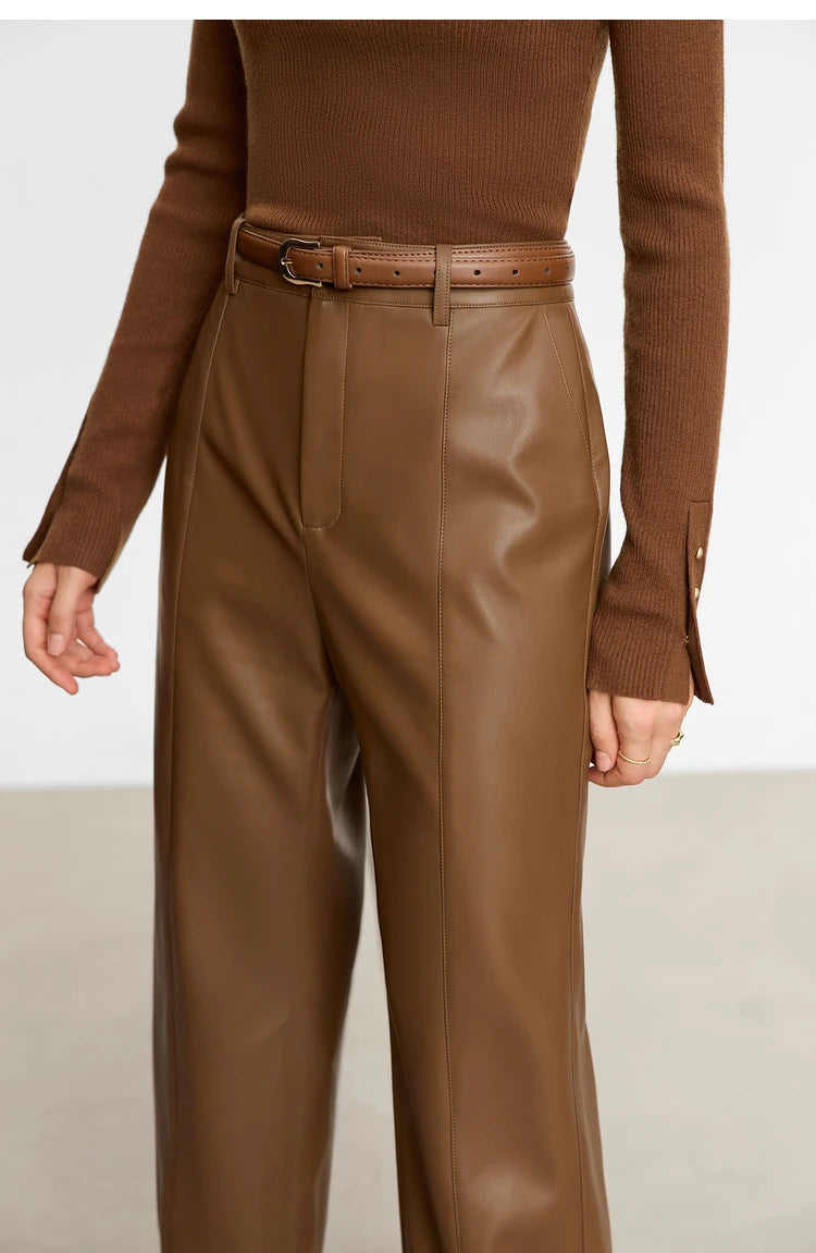 Women’s PU Leather Casual Pants – Loose Straight Floor-Length Trousers
