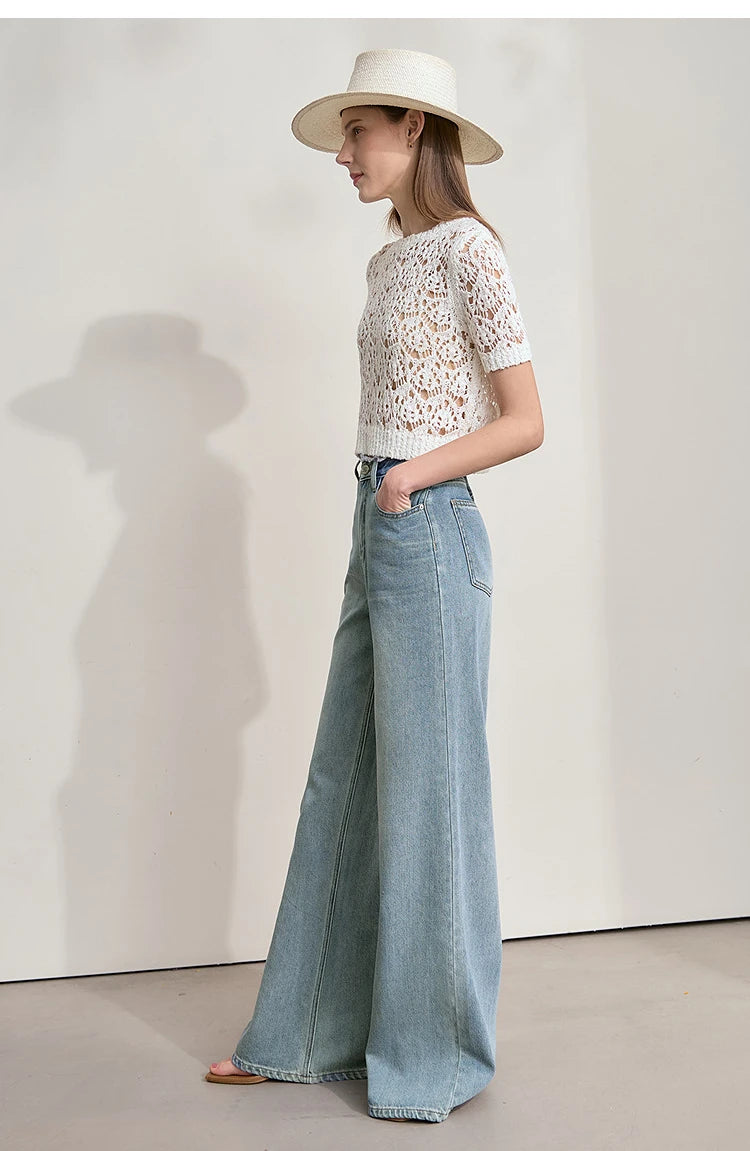 Women’s Blue Wide Leg Denim Jeans – Low Waist Loose Casual Trousers